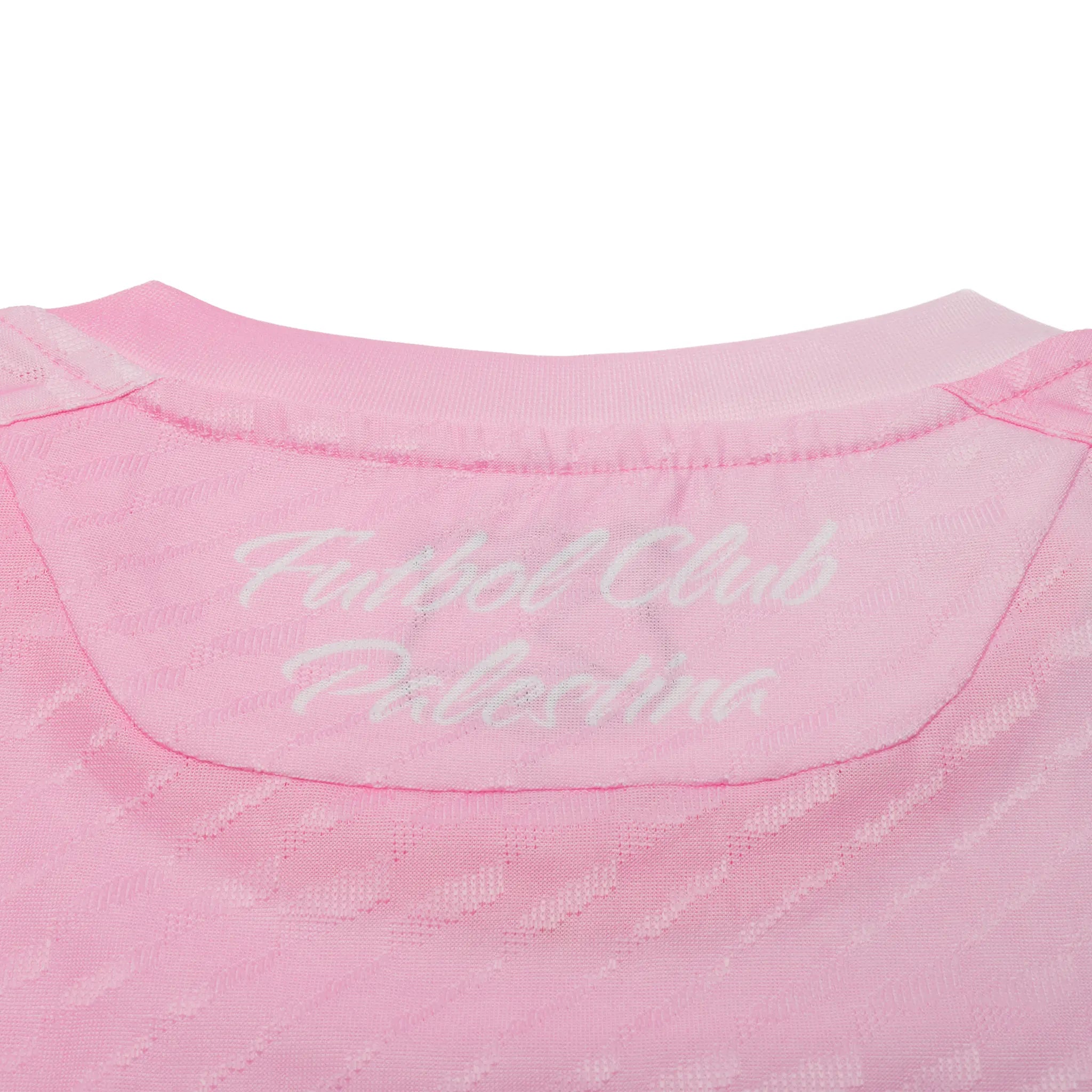 Detailed Neck View of FC Palestina x Farrah Azam Pink Haze T-Shirt